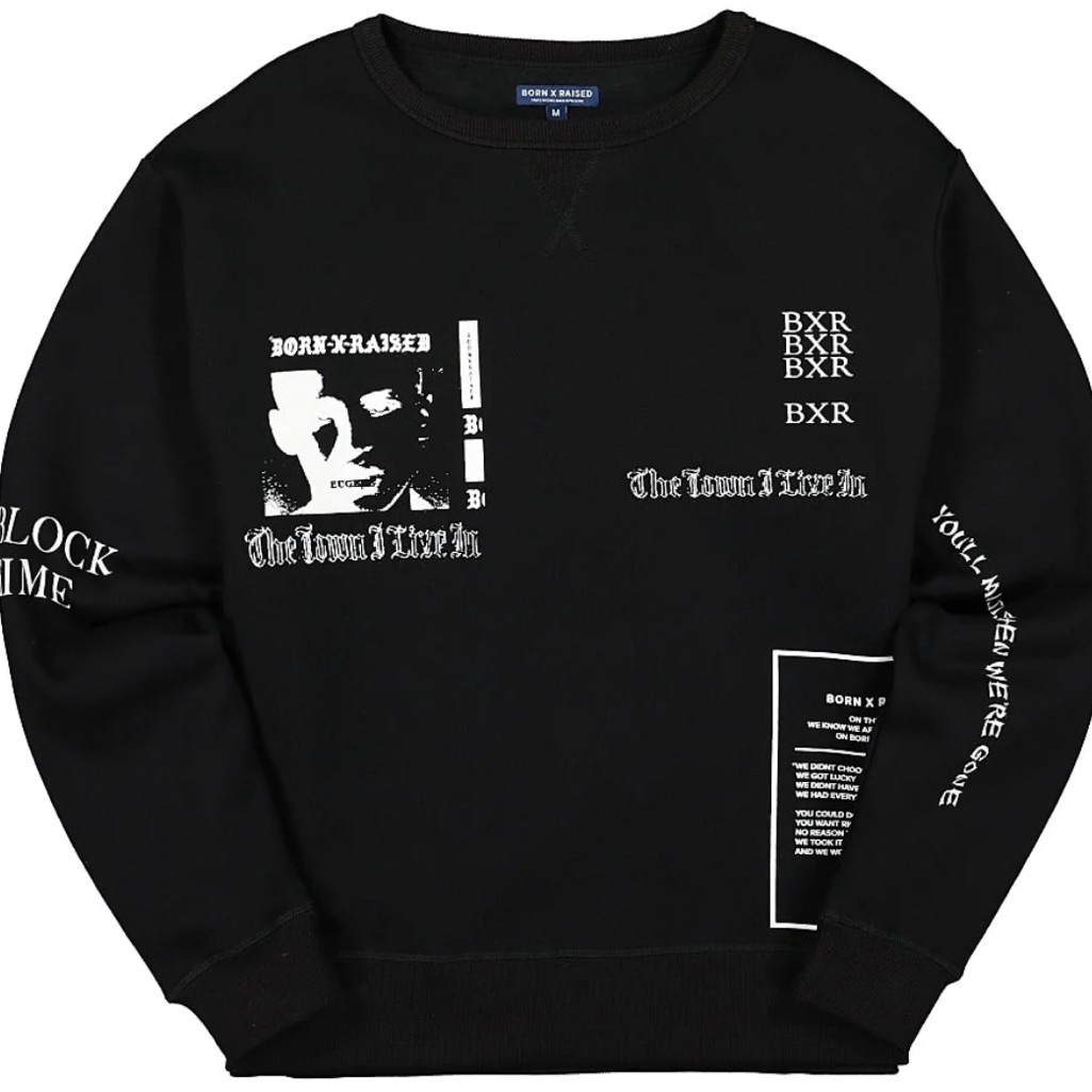 Born X Raised Black Eugene Graphic Logo Crewneck Sweatshirt, M